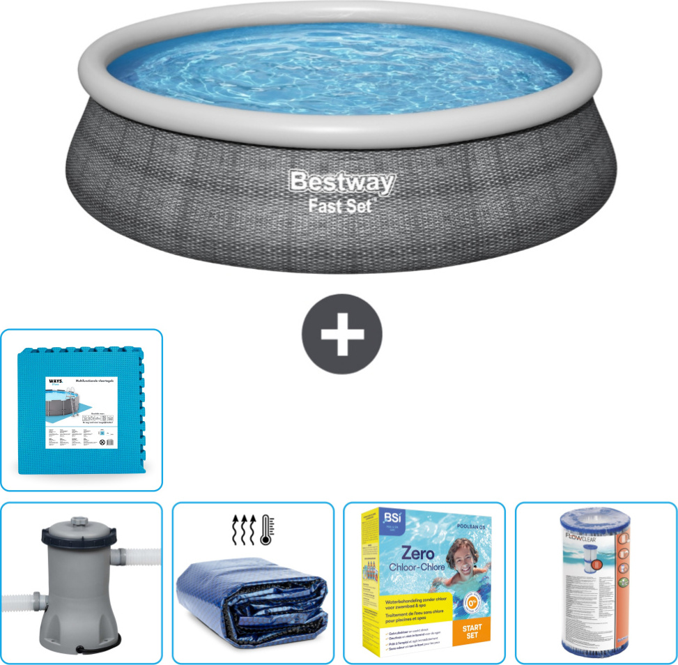 Bestway runder aufblasbarer Fast-Set-Pool - Rattan-Druck - 457 x 84 cm - inklusive Pumpe Sonnensegel - Wartungspaket - Filter - Bodenfliesen