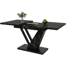 MODFU Ausziehbarer Esstisch Teleskoptisch 160x75x76 cm Schwarz mit Marmormuster MDF Tischplatte Metallgestell Verriegelungsschienen