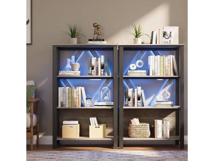 Etagère rétro 4 niveaux LED gris métal bois rangement livres films salon bureau à domicile