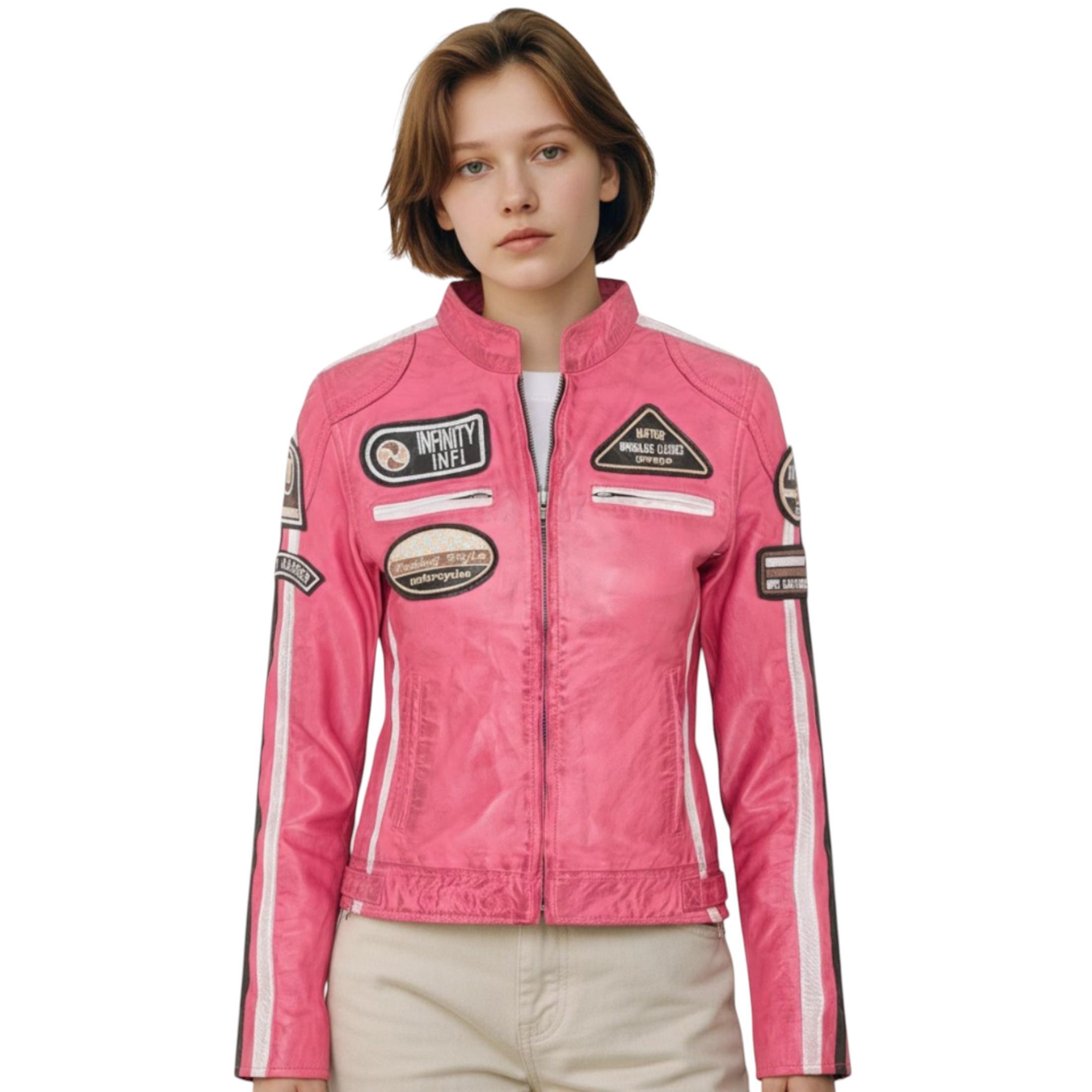 Damen-Biker-Rennabzeichen Fuchsia-Lederjacke-Incheon