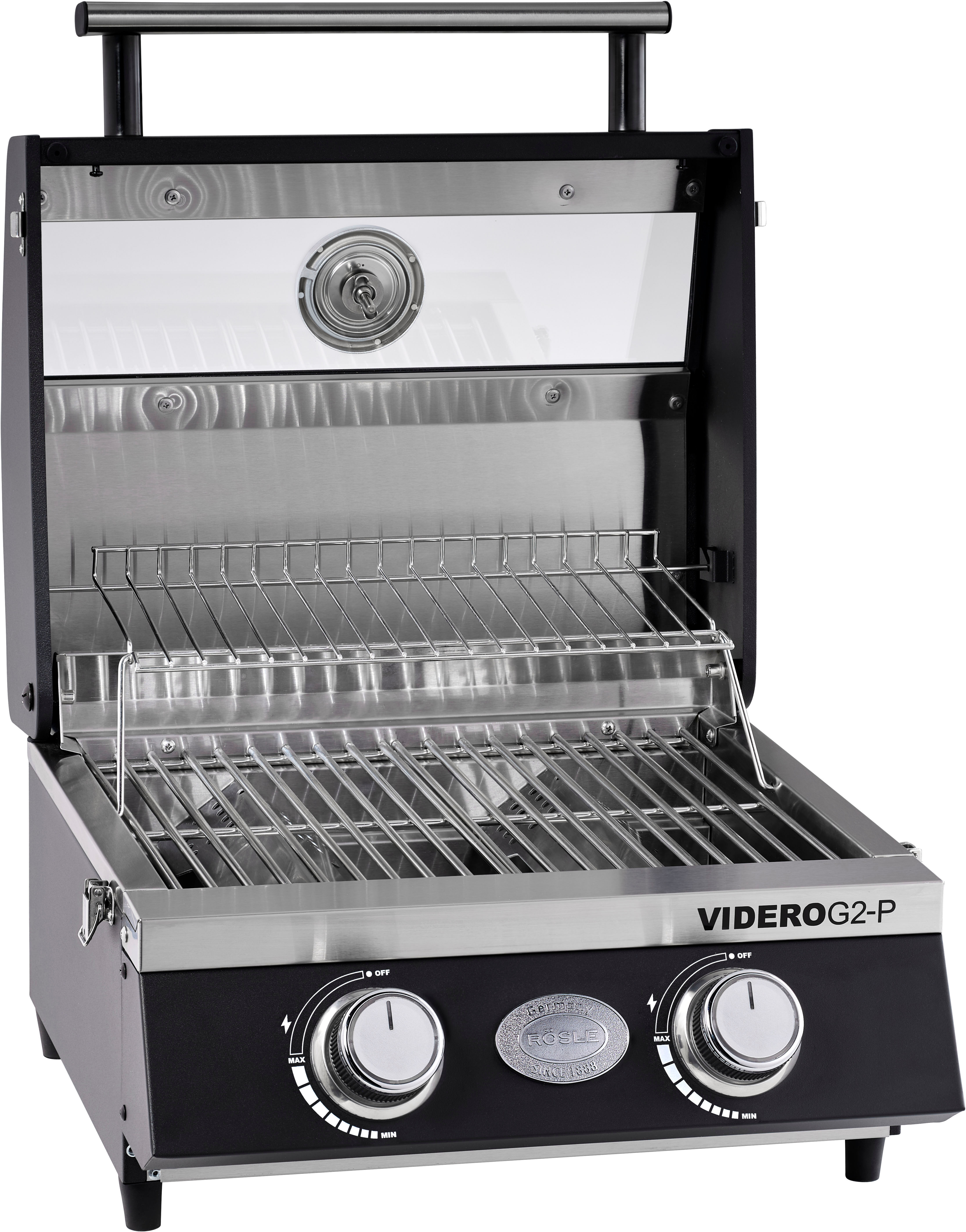 Gasgrill RÖSLE "BBQ-Portable VIDERO G2-P", schwarz, B:47cm H:34,5cm, Grills, Gasgrill, tragbar, variable Temperatursteuerung, Betrachtungsfenster