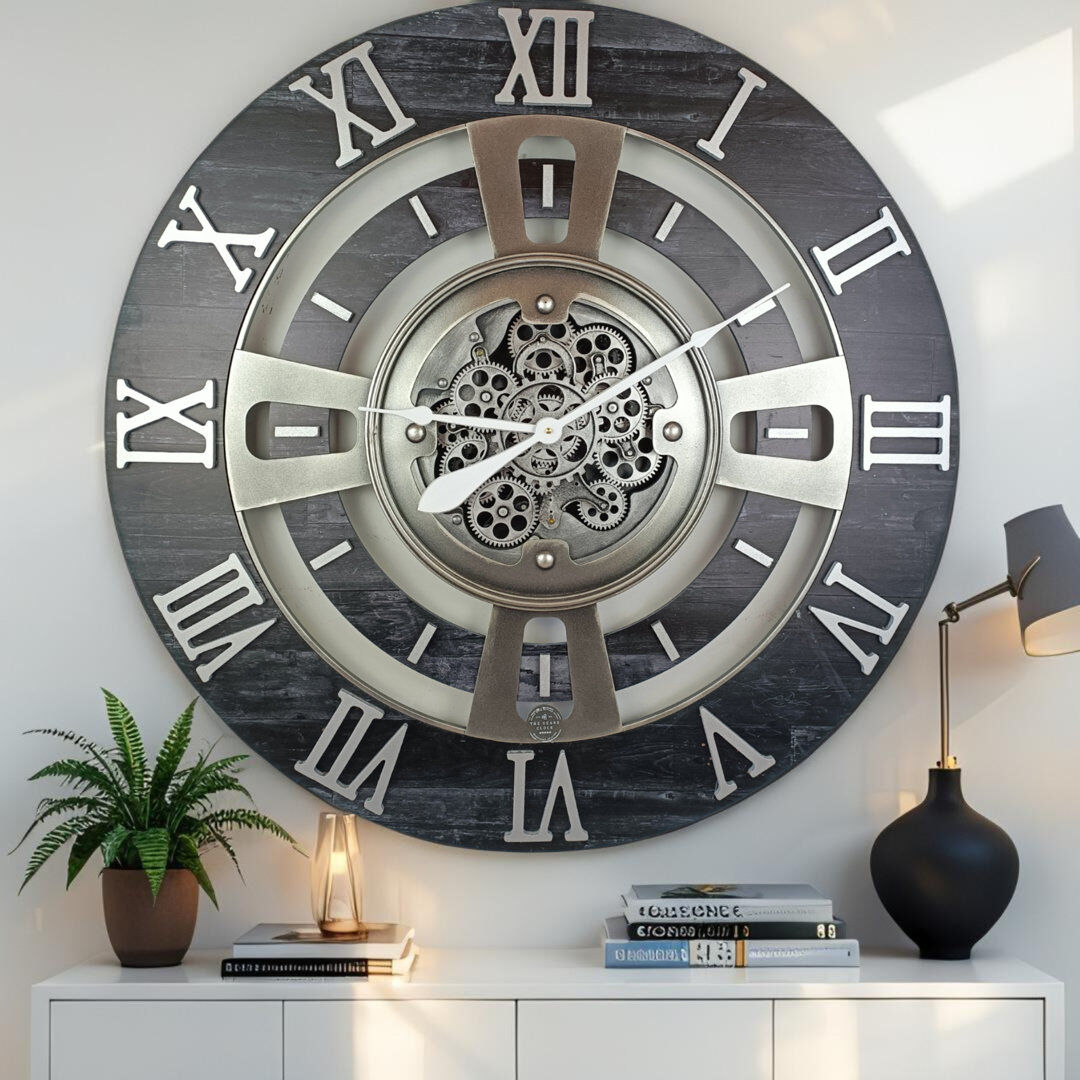 The Gears Clock Solid Wood Wall Clock Vintage Black Oversize 91.4cm