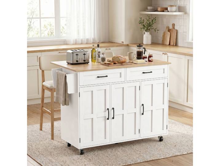 HOMCOM Îlot Cuisine Chariot Blanc Plateau Rabattable 2 Tiroirs