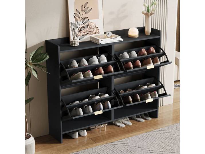 Meuble à chaussures - Armoire 4 portes battantes - Étagères réglables - Rangement ouvert - Profondeur 24 cm