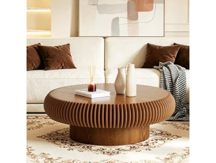 LOVEHOUGES Runder Couchtisch aus Holz mit Rillen Massiver Couchtisch in Trommelform aus Holz, stabiler Sockel, einfache Montage, für kleine Wohnzimmer