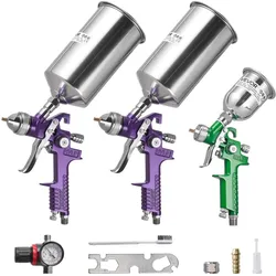 VEVOR 3-tlg. Farbsprüh-Set, Lackierpistole, Spritzpistole mit 3 Düsen (1/1,4/1,8 mm), 3 Bechern und Luftregler, Schwerkraft-Autolack-Sprühgerät für Grundierung, Decklack und Ausbesserung