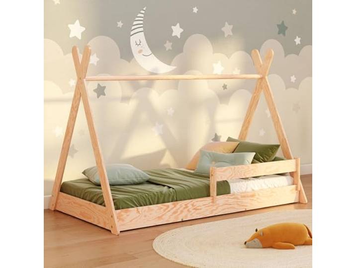 smartwood Hausbett 90x200 cm mit Lattenrost, aus Kiefernholz, Tipi F Montessori Bodenbett, Rausfallschutz, Einstiegshöhe 14cm, Belastbar bis 230kg, FSC-Holz, abgerundete Kanten, Einfache Montage