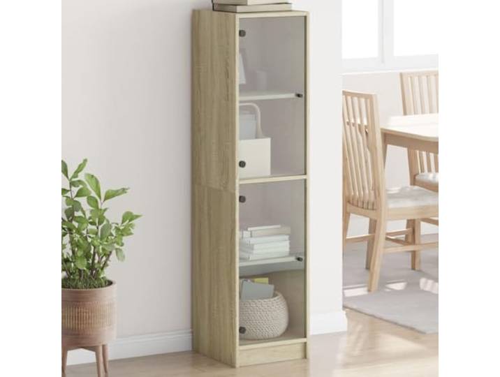 Modernes Highboard mit Glastüren für die Einrichtung aus Holzwerkstoff, Elegantes Highboard mit Glastüren und Stauraum für das Wohnzimmer, Weißes mit zur Aufbewahrung