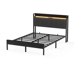STILVORA Polsterbett aus Leinen, Schwarz/Grau, 140x190 cm, LED-Lichtleiste und USB-Anschluss