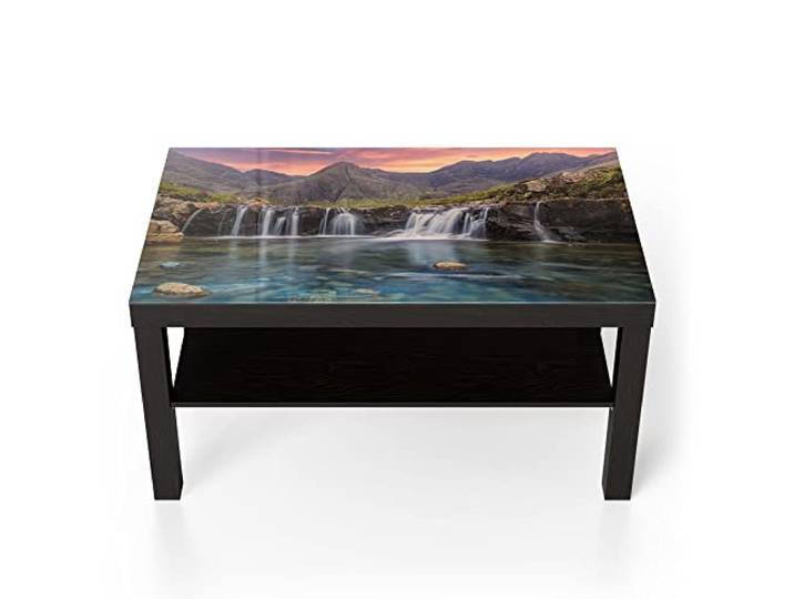 DEQORI Glastisch schwarz groß 90x50 cm Motiv Wasserfälle im Abendlicht ausgefallener Beistelltisch aus Glas Hochglanz Couchtisch fürs Wohnzimmer moderner Couch Tisch mit Design