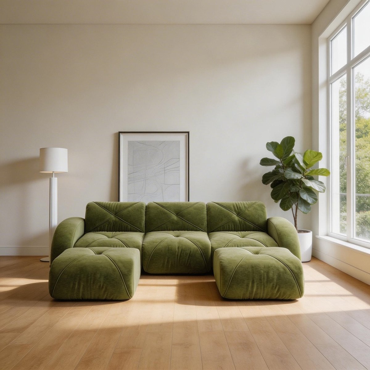 Komhtom U-vormige modulaire 3-zits bank met 2 poefs, groene stoffen bank voor de woonkamer