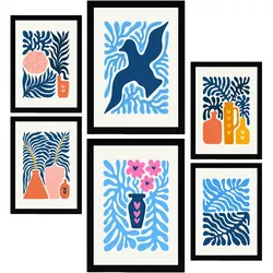 POSTER Set Mit 6 Minimalistischen In Leuchtenden Farben Blaue Blätter Drucke Von Landschaften Und Natur Für Innenarchitektur A3 & A4 Schwarzer Rahmen