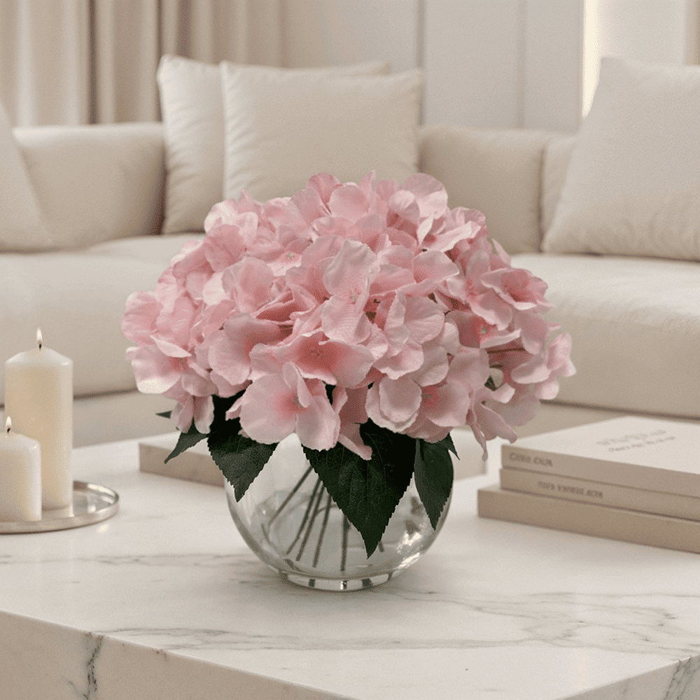 Medium Faux Dusky Pink Hydrangeas Floral Arrangement in Fishbowl Vase