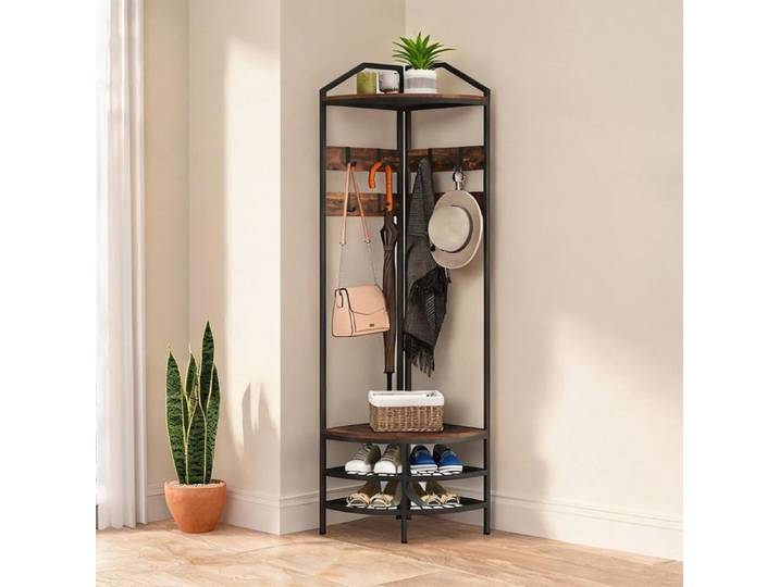 Meuble d'angle porte-manteaux et range-chaussures panneau de particules brun rustique 4 niveaux 8 patères entrée organisée