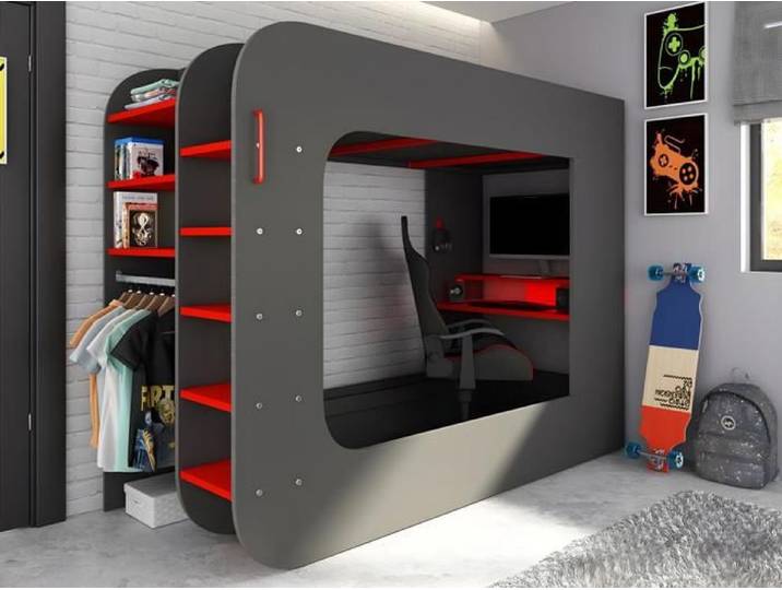 Lit mezzanine gamer 90 x 200 cm - Avec bureau et rangements - Avec LEDs - Anthracite et rouge + matelas - WARRIOR