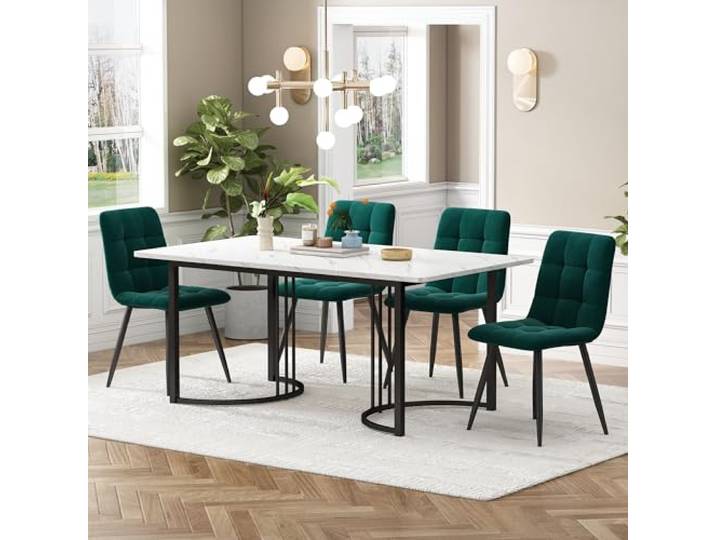 KUAKE Esstisch-Set 140x80 cm Mit 4 Stühlen, Essgruppe Aus Leinen, Küchen-Esstisch für Zuhause & Familie, Schwarz Metall Tischbeine (Dunkelgrün-B)