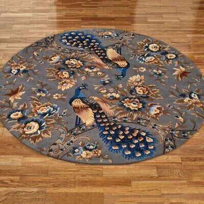 Kas Oriental Rugs / Exclusives "Majestic Peacock Round Rug Slate Gray, 7'6"" Round, Slate Gray"
