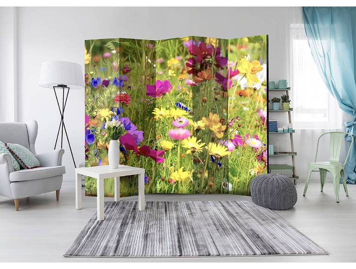 Paravent Summer Flowers 1-seitig Vlies auf Kiefer Massiv Multicolor 225 x 172 x 3cm