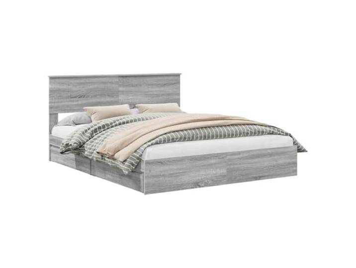 PUGYNBK Bett mit Schublade, grau, 160 x 200 cm Boden und Kopfteil aus Holz, Plattform-Lattenrost, ohne zusätzlichen Lattenrost, einfache Montage