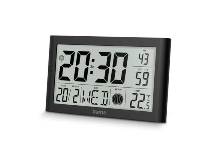 Hama Digitale wandklok (DCF radiogestuurde klok met thermometer, klok met wekfunctie, 2 wektijden, weergave van kalender, weekdag, maanfasen, uitklapbare voet, incl. batterijen) zwart