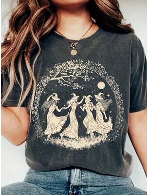 Lush Living Finds Moonlit Dancing Witches Graphic Tee For Women Witchy Boho Shirt Casual Vintage Top a m