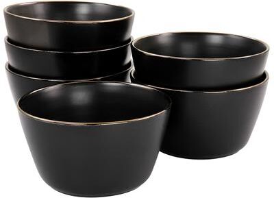 Elama Paul 6 Piece Stoneware Bowl Set in Matte Black with Gold Rim - 5.6 Inch