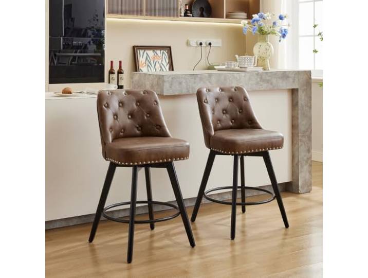 JustSmart 2er-Set drehbare Barhocker mit Rückenlehne – Gepolstert, 360° schwenkbar, Holzbeine, Fußstütze – Bezugsstoff: PU-Leder, Farbe: Braun