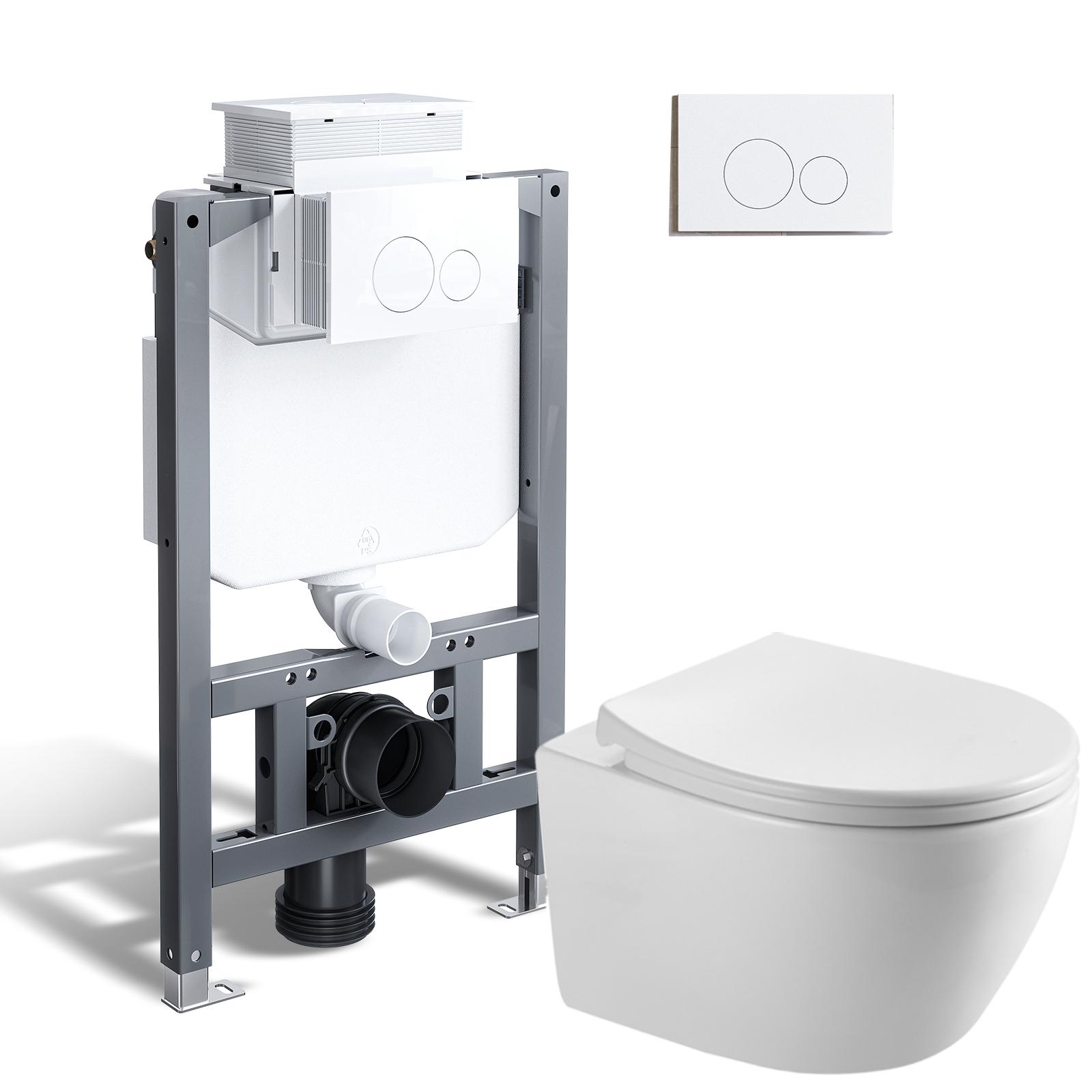 HOROW Komplett WC Toilette Set, 82cm Vorwandelement Unterputzspülkasten + Wand WC + weiß round Drückplatte
