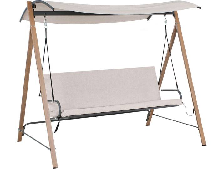 BELIANI Hollywoodschaukel Beige und Braun Stahl Holzoptik Stoff mit Sonnendach 3-Sitzer 3 Personen Gartenschaukel