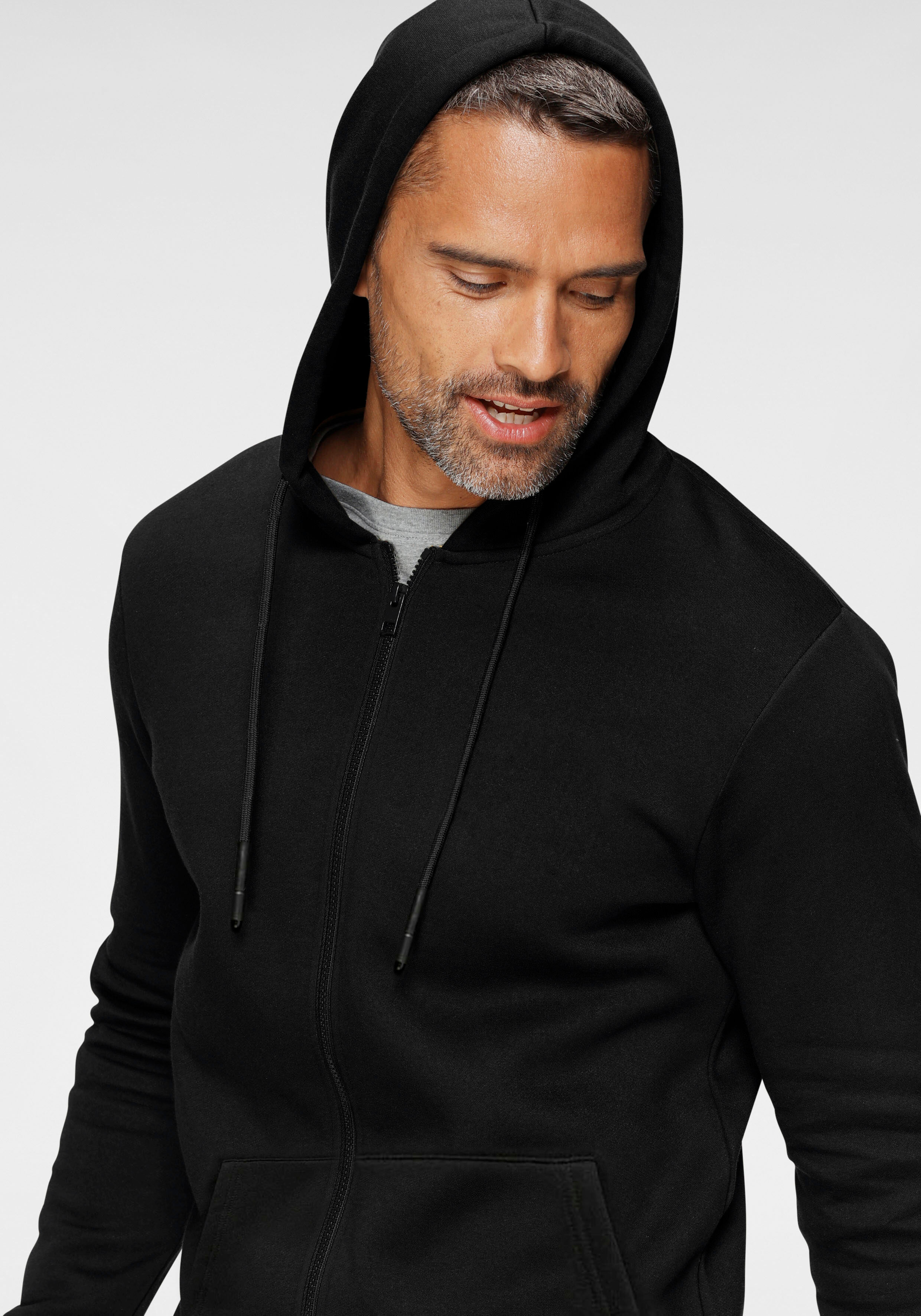 Kapuzensweatjacke ONLY & SONS "CERES LIFE ZIP THR. HOODIE SWEAT", Herren, Gr. XXL, schwarz, angeraute Sweatware, Obermaterial: 65% Baumwolle, 35% Polyester, unifarben, normal normal, ohne Ausschnitt, Bündchen, Sweatjacken Kapuzensweatjacke schwarz XXL