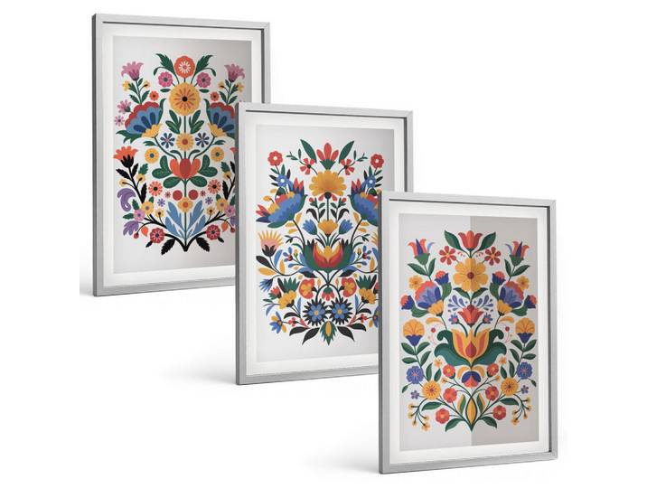 Tulup Bilder SET 3er Set - 40x60 cm Silberner Rahmen - Blumenmuster in intensiven Farben, Silberfarben, Kunststoff, Rechteckig, 40x60 cm, einfache und schnelle Anbringung, Bilder & Rahmen, Bilder