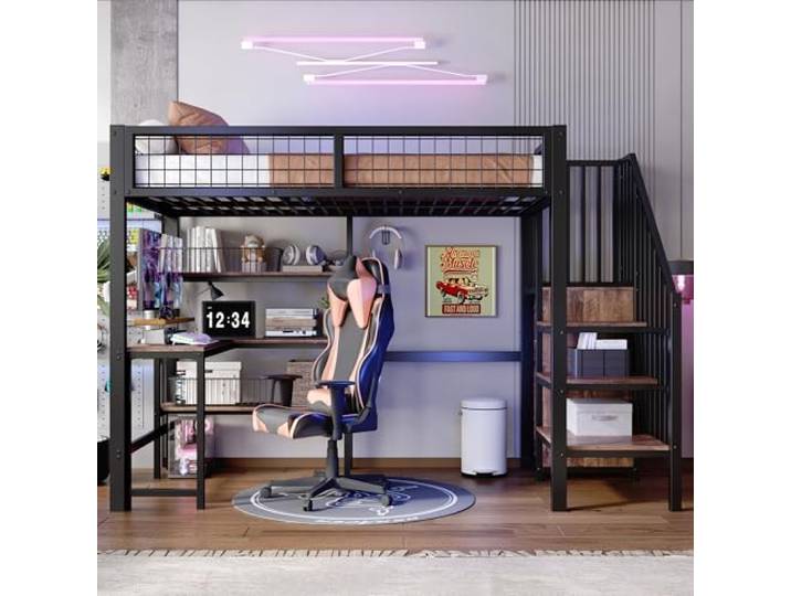 Moimhear Hochbett 90x200 mit Schreibtisch& Einbauschrank - Eisenbett mit Mehreren Regalen und Arbeitsplatz, Schwarz Platzsparendes Jugendbett mit Stauraum