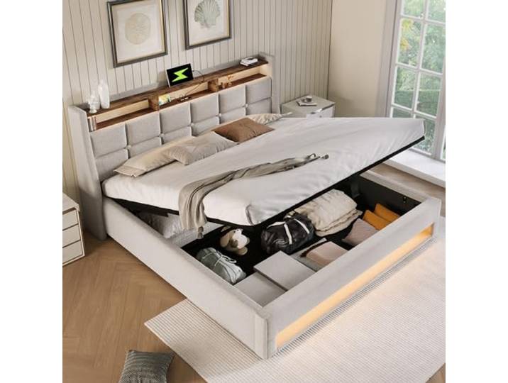 Merax Polsterbett 160x200cm, Doppelbett mit Bettkasten und Lattenrost, Stauraum Kopfteil mit LED & USB Ladefunktion, Hydraulisch Stauraumbett Funktionsbetten, Leinen, Jugendbett, ohne Matratze, Beige