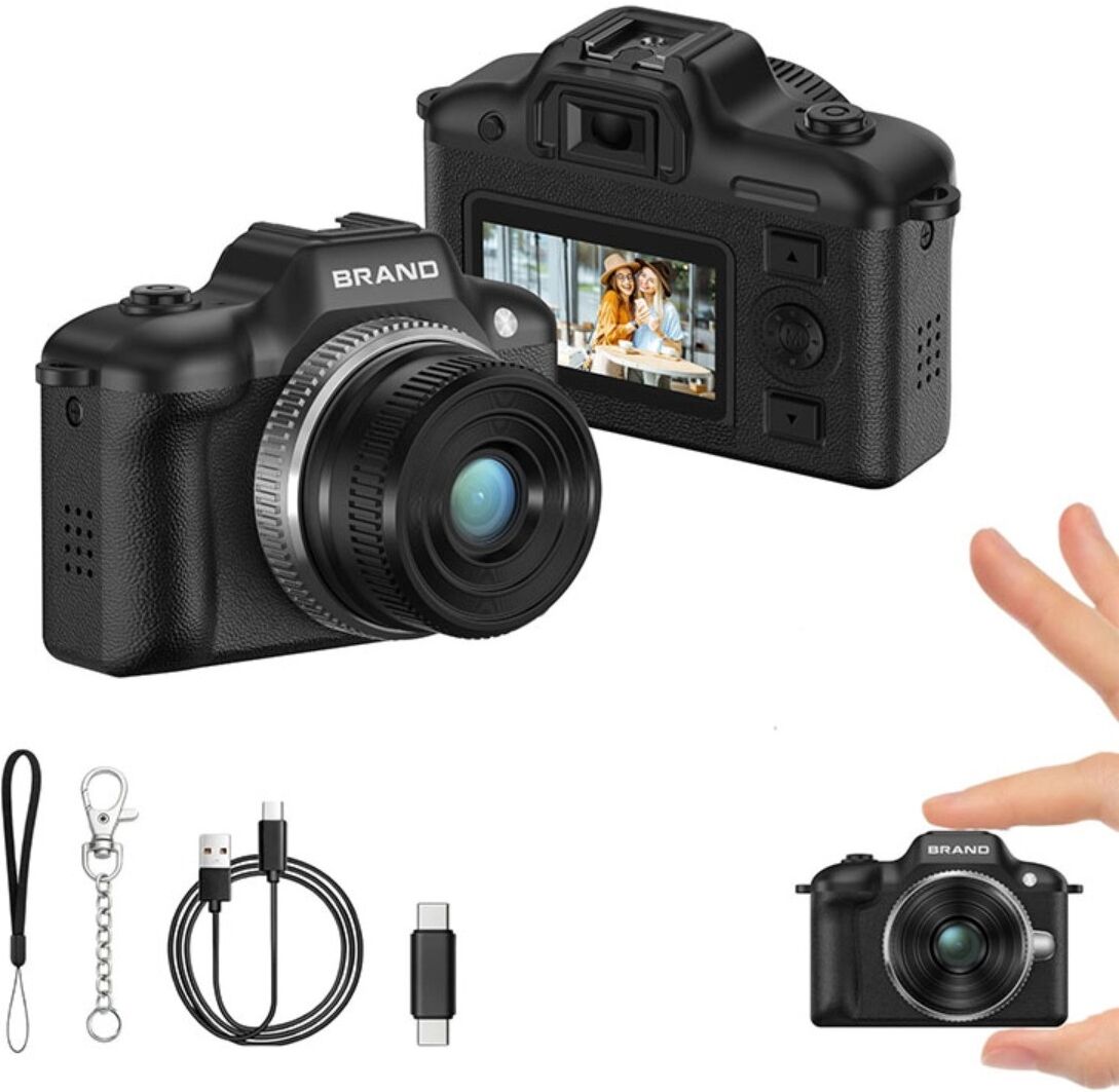 INF Mini SLR Kamera mit 32GB TF-Karte – echte 1080P/30fps, 2K, 5MP Objektiv, 1.47inch HD-Display, Type-C & OTG Schwarz
