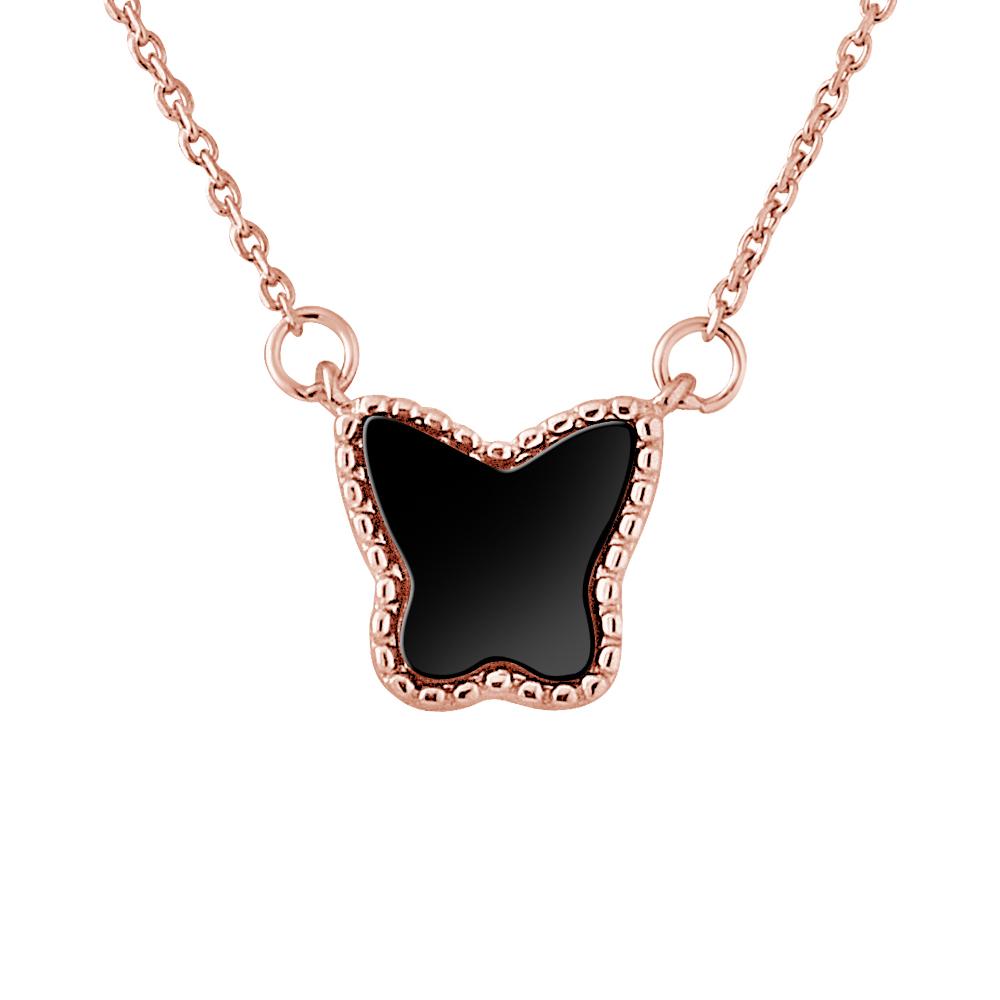 Zwart keramische vlinder ketting roze vergulde zilver