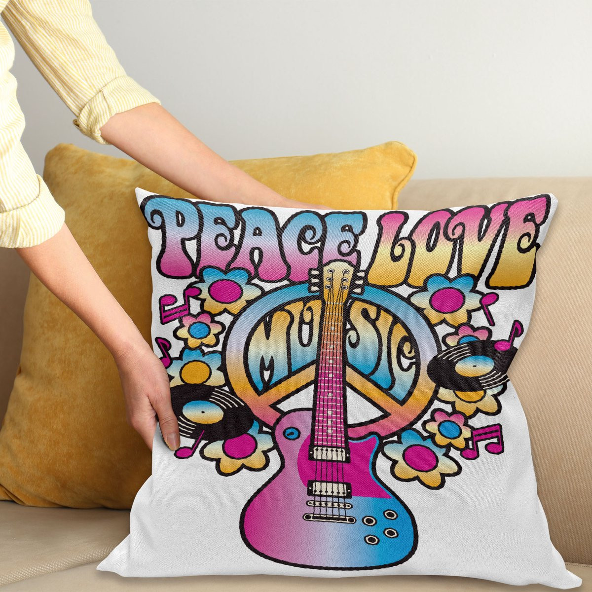 ABAKUHAUS Kussenhoes Vrede Liefde Vinyl Muziek, Dubbelzijdige Print, Blauw Geel Roze, 45 x 45 cm