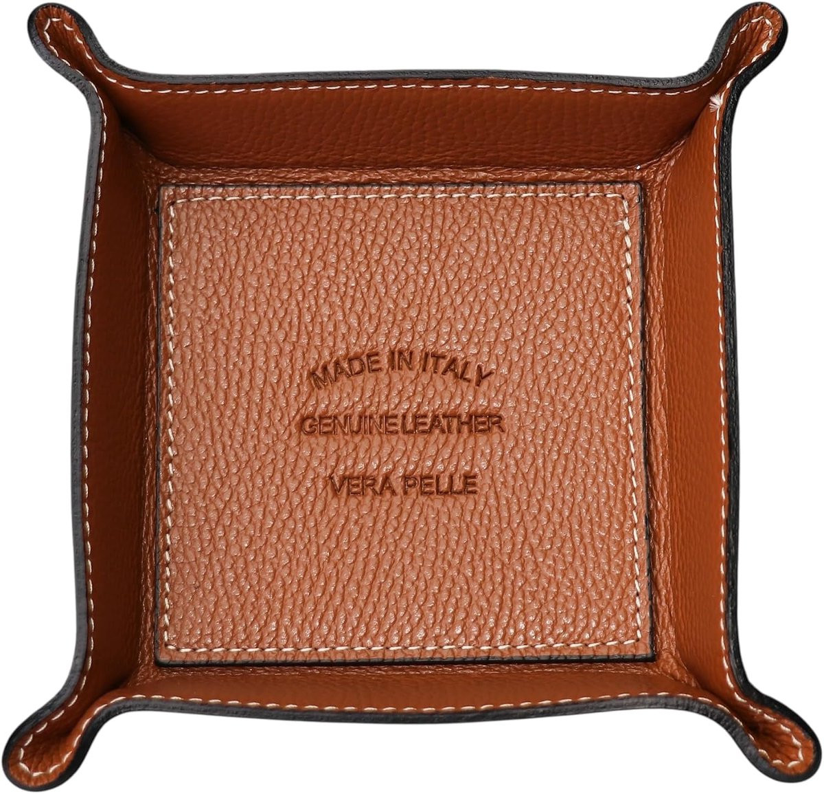 Abi G276 Handgemaakte lederen opbergschaal voor sieraden en accessoires, Cognac, 16 x 16 cm