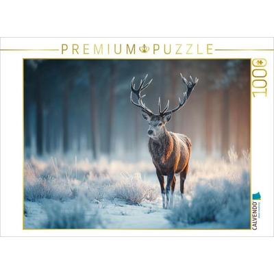 CALVENDO Puzzle Hirsch im Winterwald - Rotwild im frostigen Morgenlicht | 1000 Teile Lege-Größe 64x48cm Foto-Puzzle für glückliche Stunden