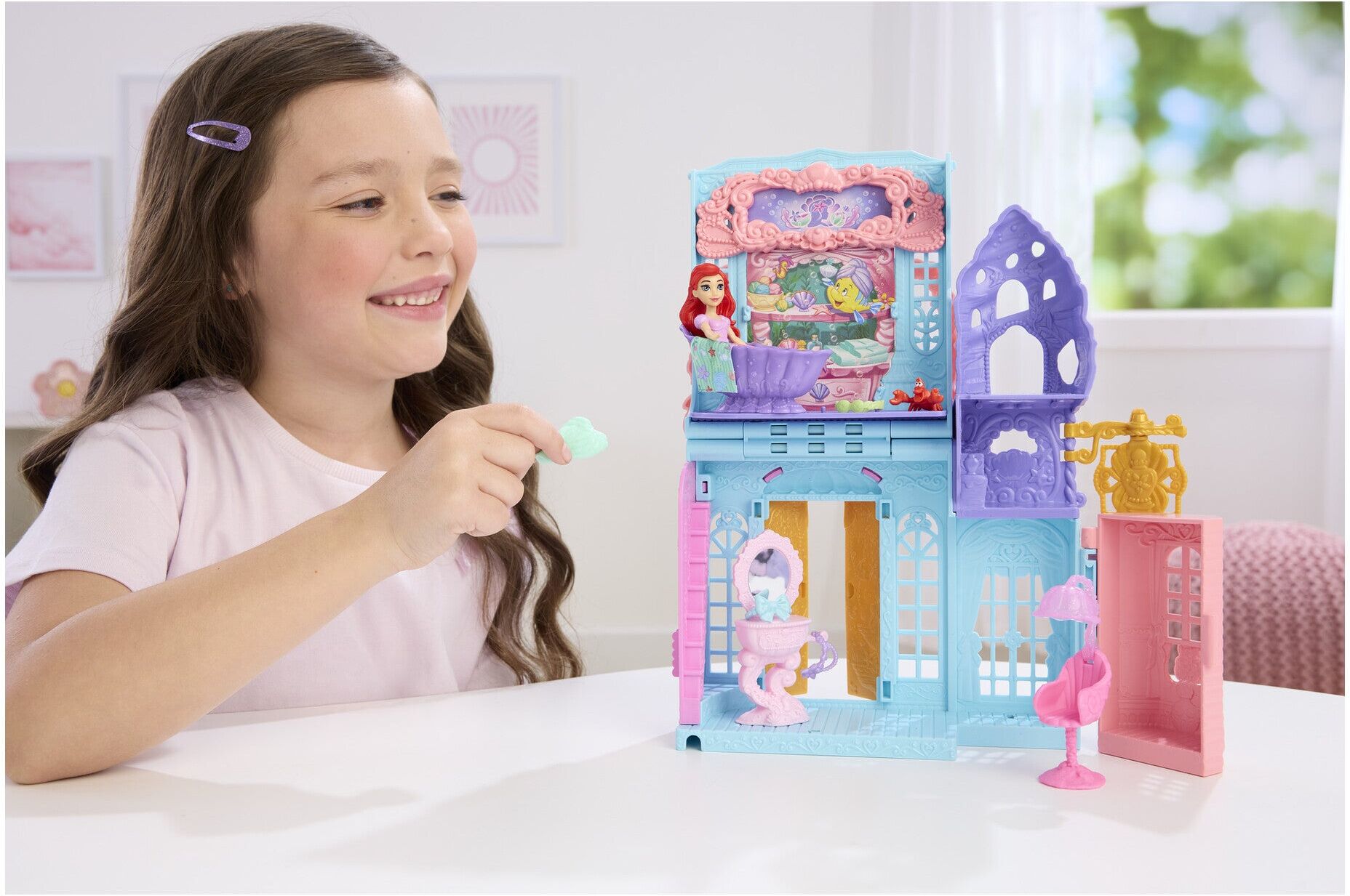 Mattel Disney Princess Ariel Sea Spa Playset with Doll and Sebastian for Kids, 2-Level Playset, Pastel Aqua, Pink and Purple