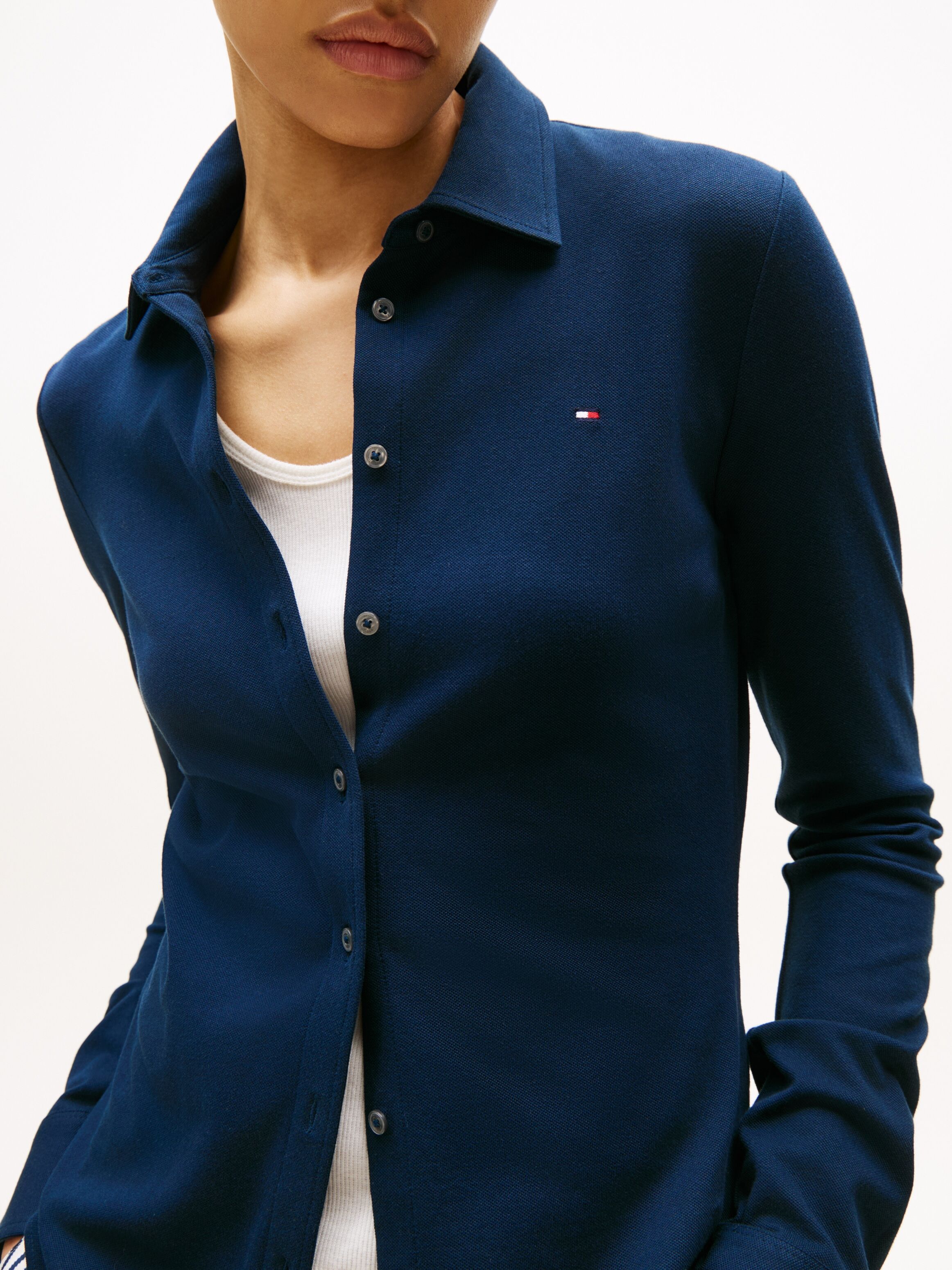 Langarmbluse TOMMY HILFIGER "SLIM PIQUE", Damen, Gr. S (36/38), blau (schwarz night navy), Web, Obermaterial: 96% Baumwolle, 4% Elasthan, unifarben, slim fit normal, Rundhals, Blusen Langarmbluse, Baumwollmischung, slim fit schwarz night navy S (36/38)
