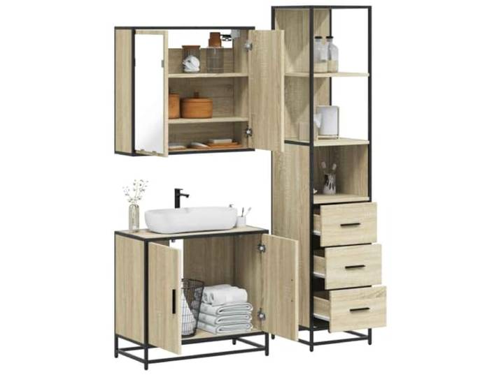 WEMYUFURN 3-TLG. Badmöbel-Set Sonoma-Eiche Holzwerkstoff mit Metallgestell Waschbeckenunterschrank mit Stauraum, Lowboard mit Metallgestell, Wandmontage-Spiegelschrank, feuchtigkeitsbeständige