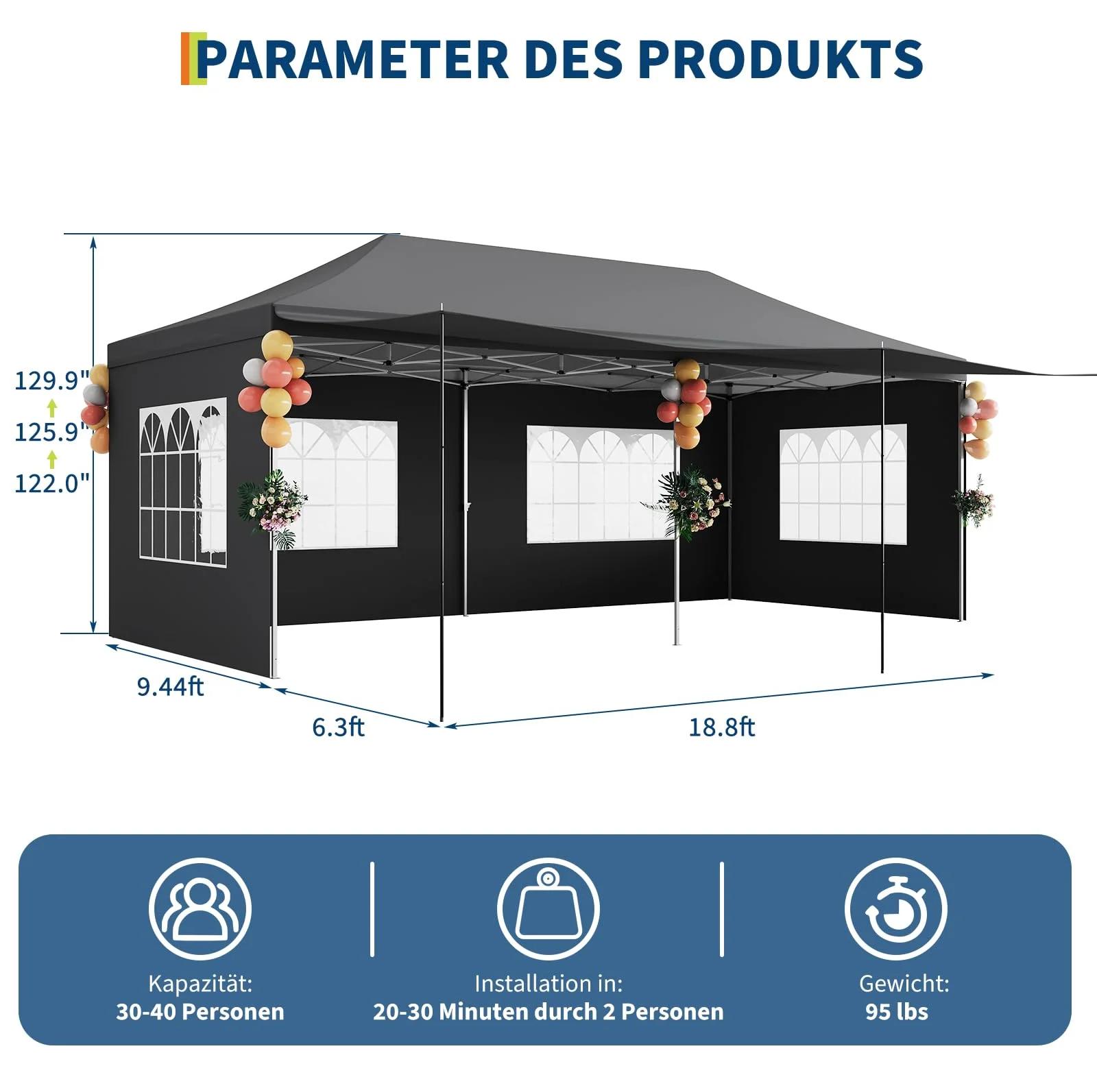 Pop-up-Pavillon - Gartenpavillon - 3 x 6 m - 600D-Oxford-Gewebe mit reflektierendem Mylar-Material - 6 abnehmbare Seitenwände mit PE-Fenstern - Aluminiumstangen - Wasserdicht - Grau