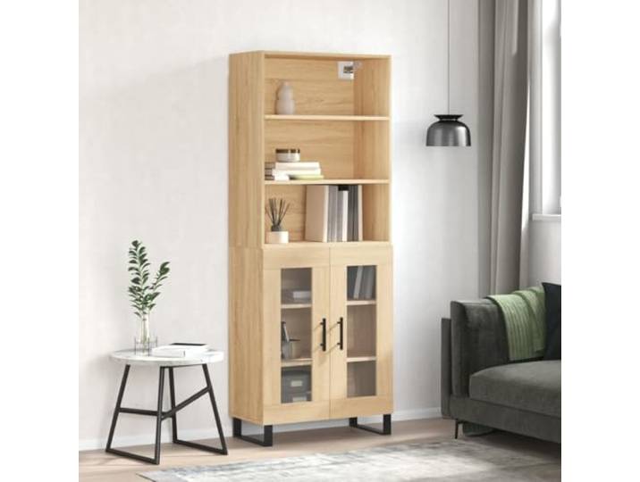 Elegantes Aufbewahrungsmöbel als Raumteiler: Highboard in Sonoma-Eiche aus Holzwerkstoff fürs Wohnzimmer mit Metallfüßen und Türen, bietet viel Stauraum und benötigt