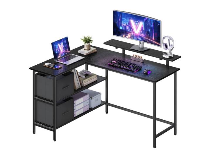 Bureau en l d'angle rehausseur d'écran 2 tiroirs boisé noir