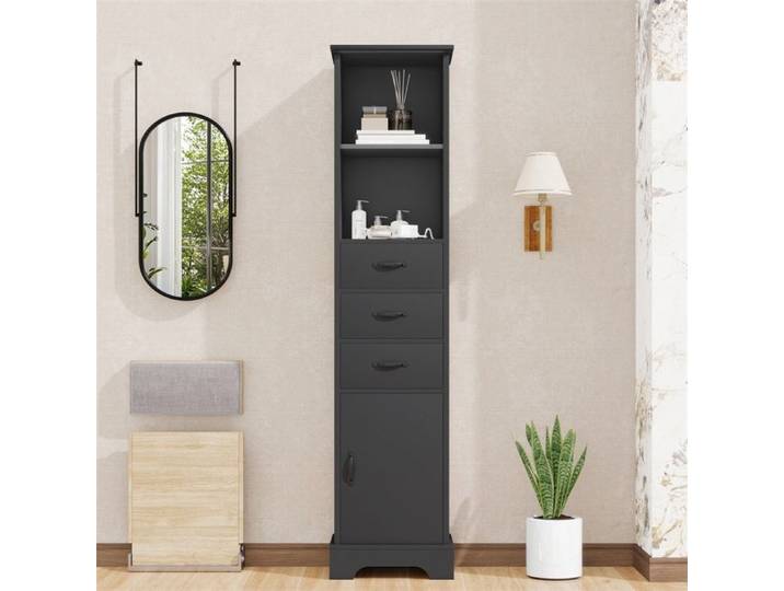 Armoire de Salle de Bain Haute - Colonne de salle de bain avec 3 Tiroirs Niche Ouverte et Placard - Meuble de rangement - Noir