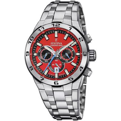 Chronograph FESTINA "Chrono Bike 2024", silber (silberfarben, rot), Armbanduhren, Herren, Chronograph, Armbanduhr, Quarzuhr, Herrenuhr, Stoppfunktion, Edelstahlarmband