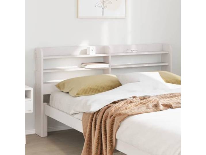 Bettbett mit Einlegeböden, weiß 150 cm, freistehend aus massivem Kiefernholz, drei Ablagefächern für Schlafzimmer
