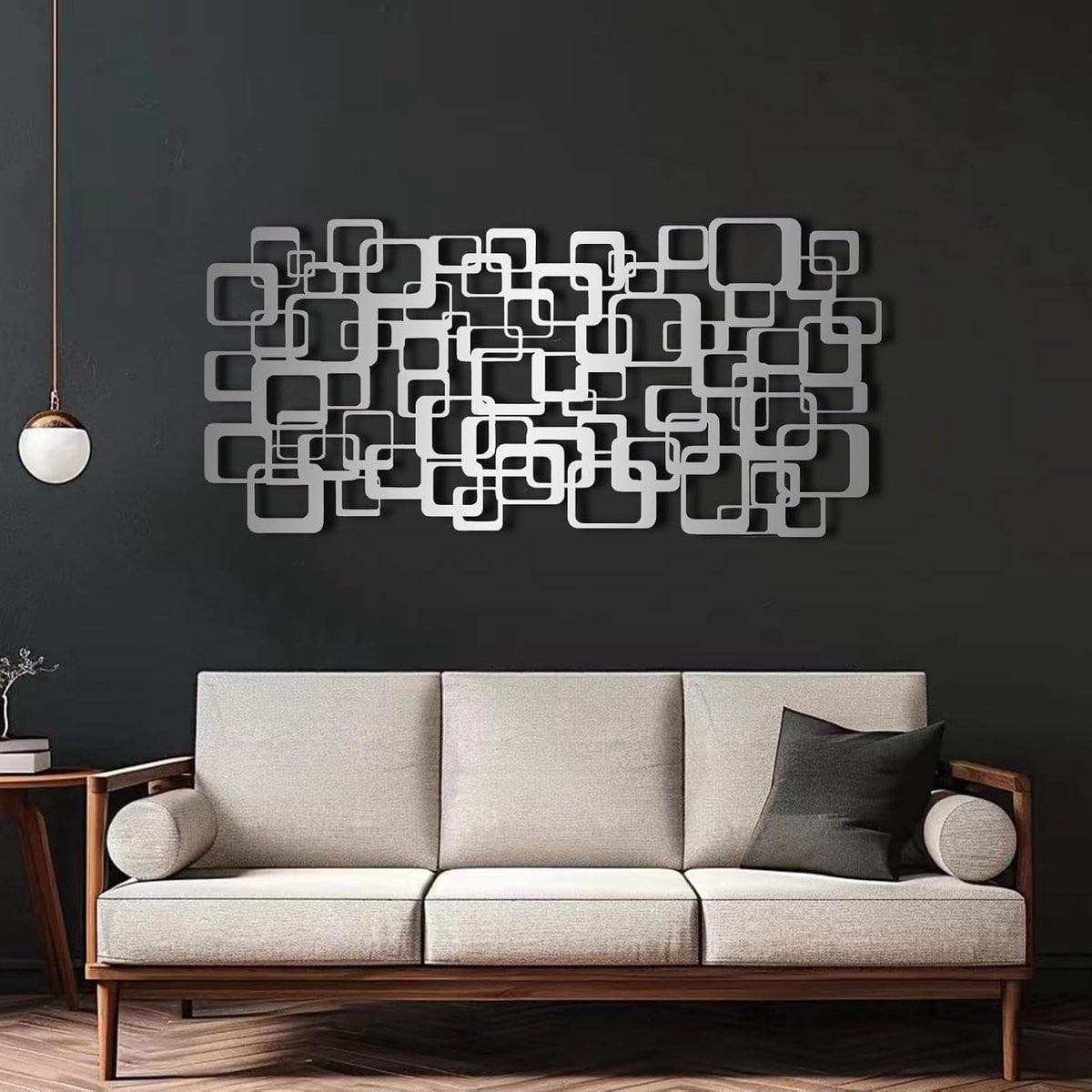 Abstracte geometrische metalen muurafbeelding in zilver voor woonkamer decoratie