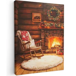LEINWANDBILD Winter - Weihnachten - Zuhause - Kamin Wandbild Wohnzimmer 60x80 cm