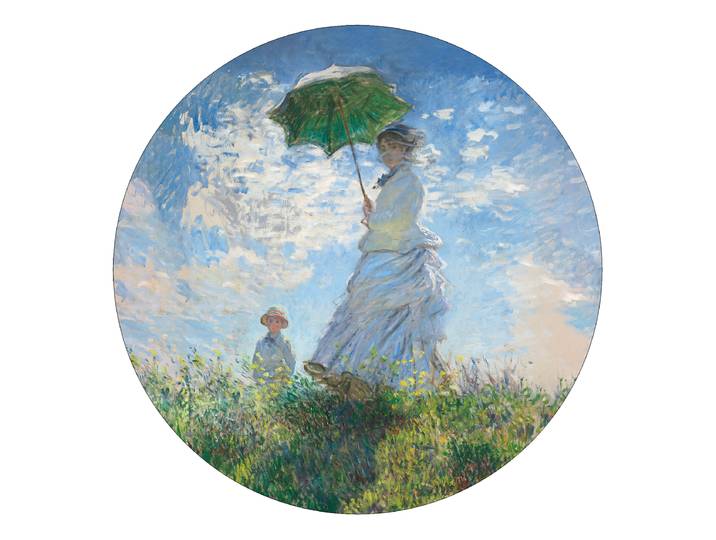Glasbild Monet Frau mit Sommenschirm Floatglas Blau/Grün/Weiß Ø 50cm